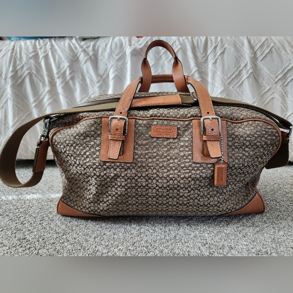 Coach Tan and Brown Signature Travel Bag